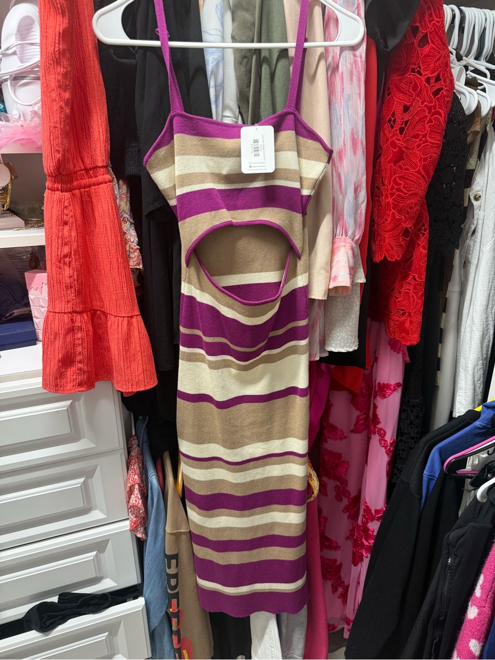 Striped Cutout Bodycon Dress in Purple and Tan - Women
